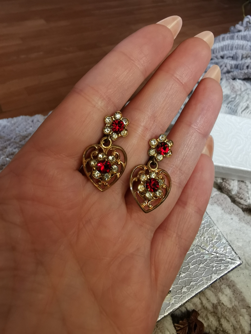Vintage Charm,  Gold-Tone Heart Drop Earrings with Red and Clear Crystals